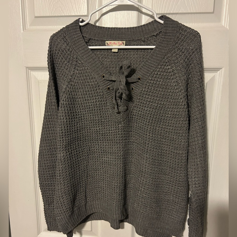 It's Our Time Charcoal Lace-Up V-Neck Sweater